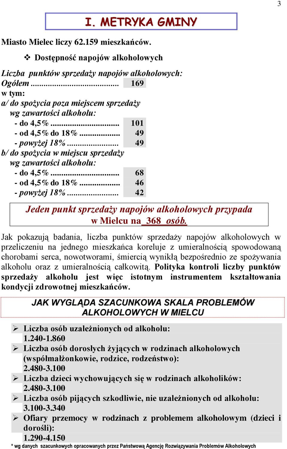 .. 49 b/ do spożycia w miejscu sprzedaży wg zawartości alkoholu: - do 4,5%... 68 - od 4,5% do 18%... 46 - powyżej 18%... 42 Jeden punkt sprzedaży napojów alkoholowych przypada w Mielcu na 368 osób.