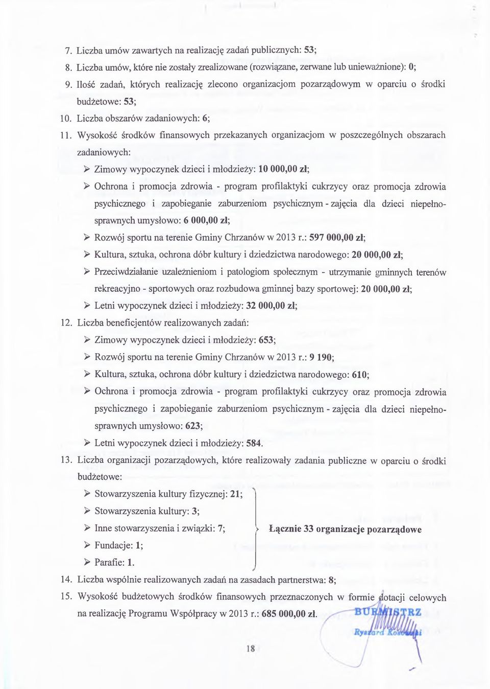 Wysokość środków finansowych przekazanych organizacjom w poszczególnych obszarach zadaniowych: > Zimowy wypoczynek dzieci i młodzieży: 10 000,00 zł; > Ochrona i promocja zdrowia - program