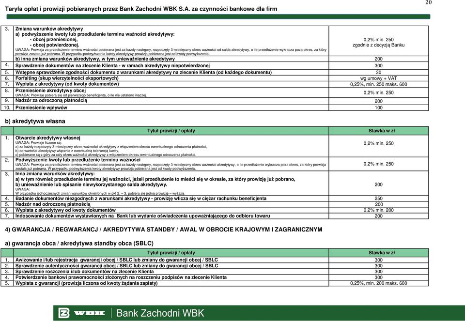 została juŝ pobrana. W przypadku podwyŝszenia kwoty akredytywy prowizja pobierana jest od kwoty podwyŝszenia. 0,2% min.