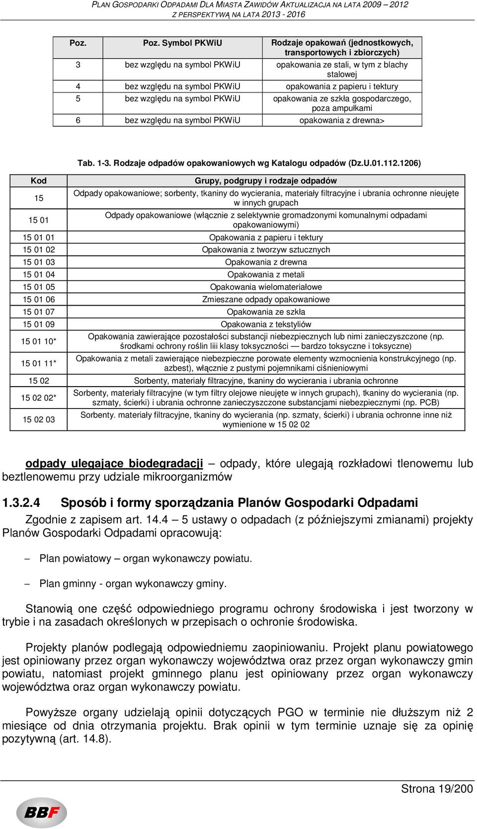 papieru i tektury 5 bez względu na symbol PKWiU opakowania ze szkła gospodarczego, poza ampułkami 6 bez względu na symbol PKWiU opakowania z drewna> Kod 15 15 01 Tab. 1-3.