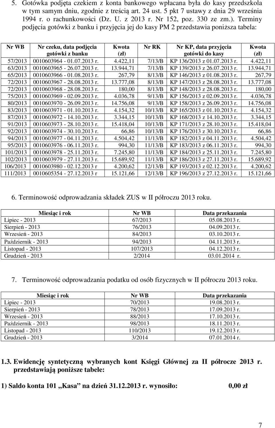 Terminy podjęcia gotówki z banku i przyjęcia jej do kasy PM 2 przedstawia poniższa tabela: Nr WB Nr czeku, data podjęcia gotówki z banku Kwota (zł) Nr RK Nr KP, data przyjęcia gotówki do kasy Kwota