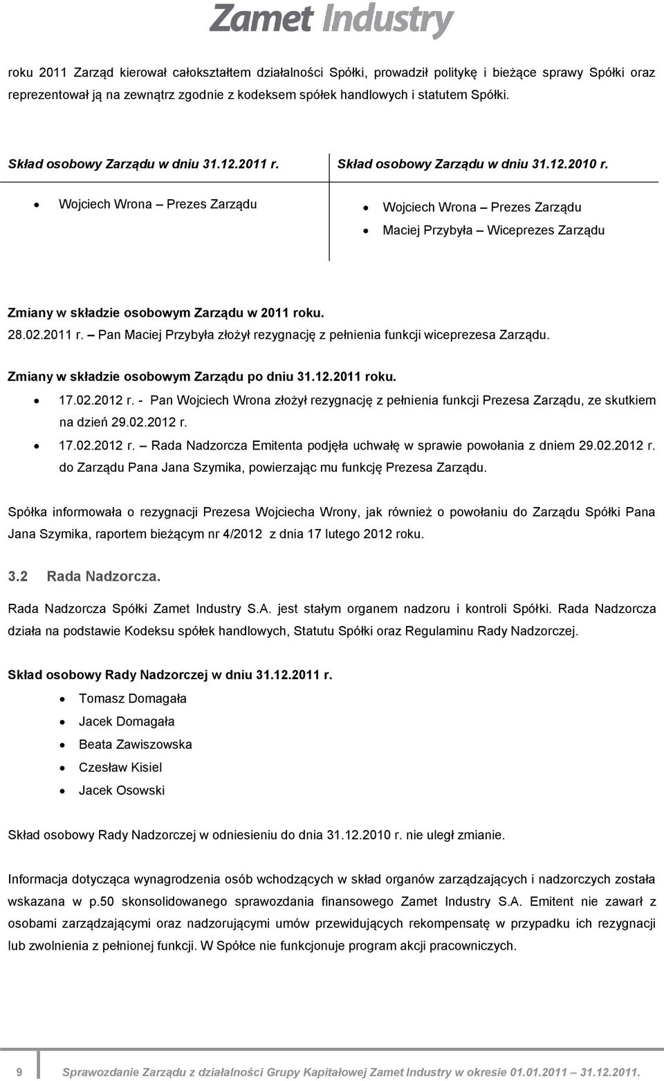 Wojciech Wrona Prezes Zarządu Wojciech Wrona Prezes Zarządu Maciej Przybyła Wiceprezes Zarządu Zmiany w składzie osobowym Zarządu w 2011 ro