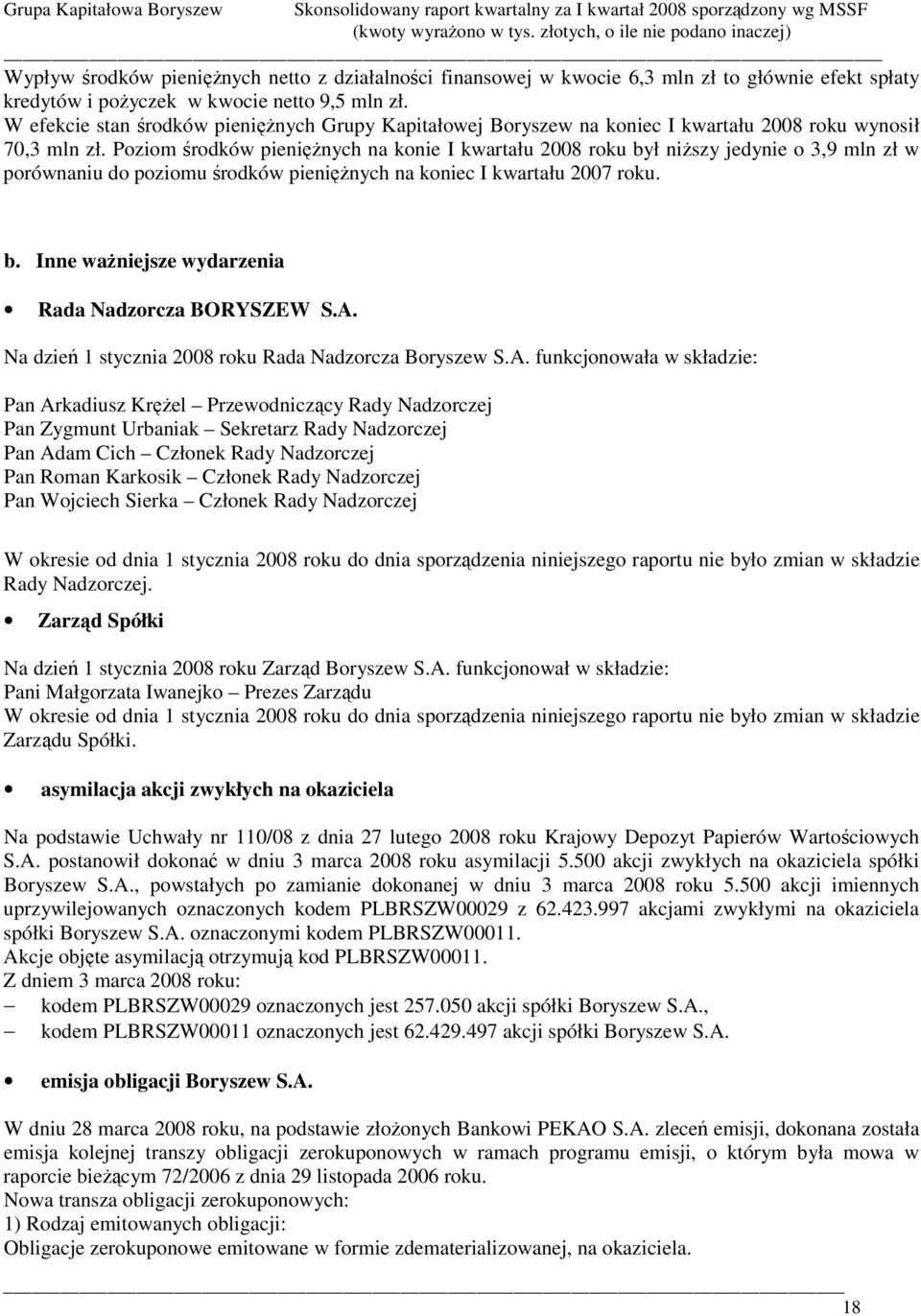 Poziom rodków pieninych na konie I kwartału 2008 roku był niszy jedynie o 3,9 mln zł w porównaniu do poziomu rodków pieninych na koniec I kwartału 2007 roku. b. Inne waniejsze wydarzenia Rada Nadzorcza BORYSZEW S.