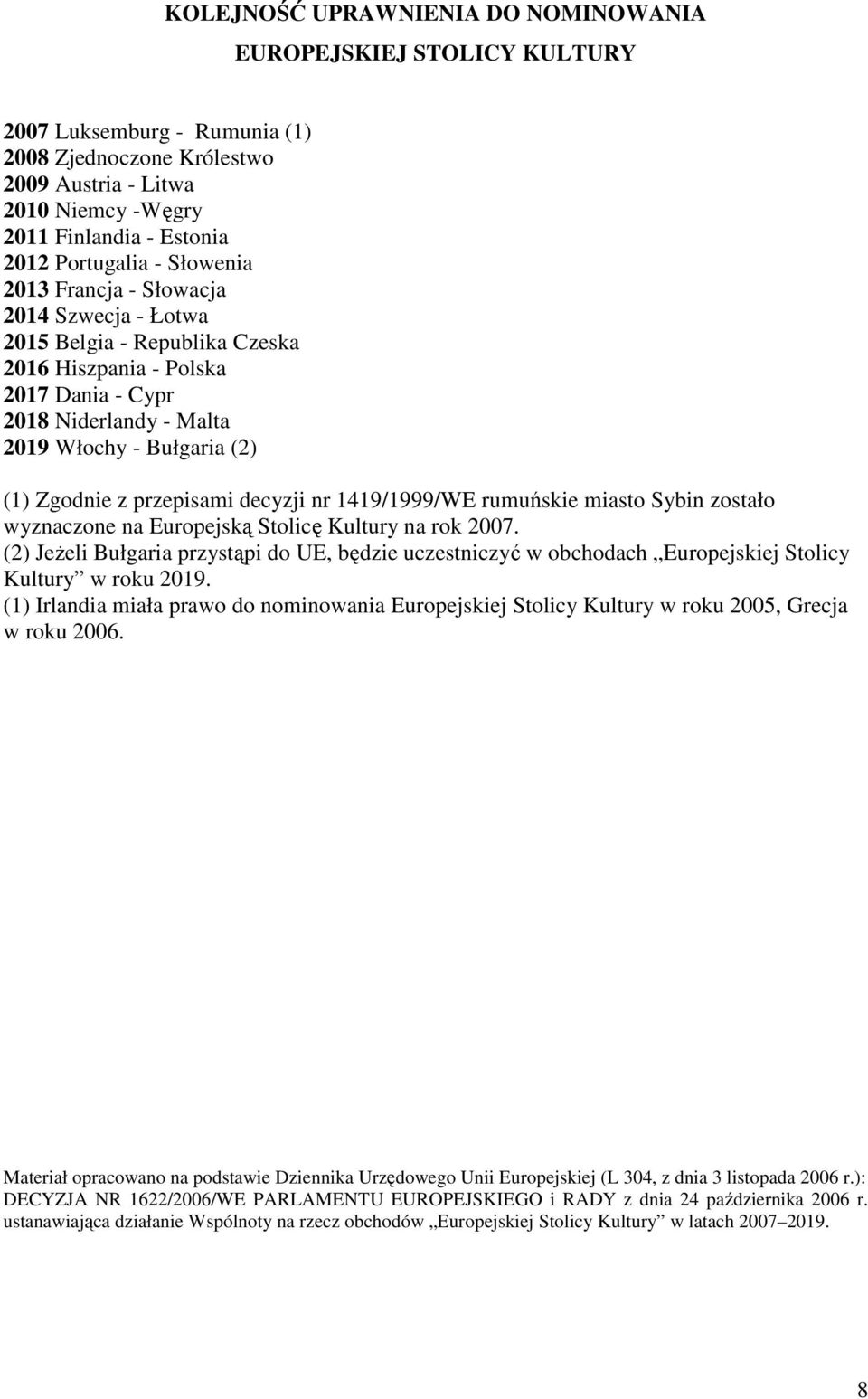 Zgodnie z przepisami decyzji nr 1419/1999/WE rumuńskie miasto Sybin zostało wyznaczone na Europejską Stolicę Kultury na rok 2007.