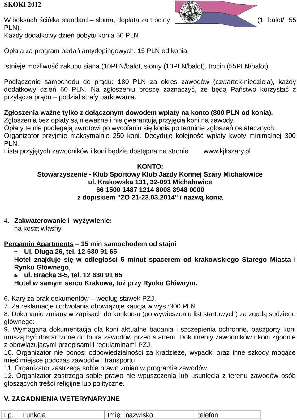 samochodu do prądu: 180 PLN za okres zawodów (czwartek-niedziela), każdy dodatkowy dzień 50 PLN. Na zgłoszeniu proszę zaznaczyć, że będą Państwo korzystać z przyłącza prądu podział strefy parkowania.