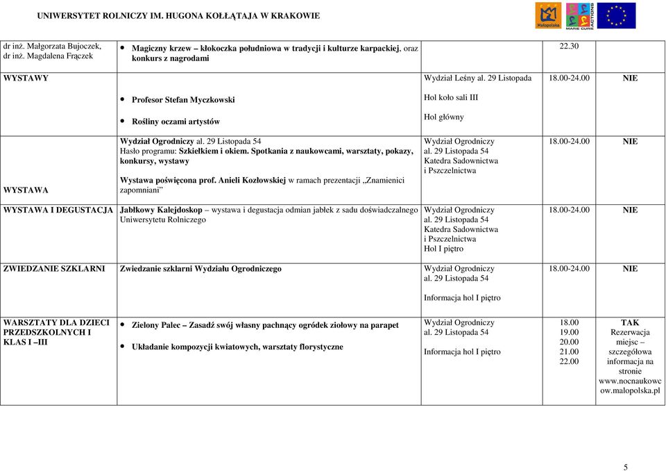 Spotkania z naukowcami, warsztaty, pokazy, konkursy, wystawy Wystawa poświęcona prof. Anieli Kozłowskiej w ramach prezentacji Znamienici zapomniani Katedra Sadownictwa i Pszczelnictwa 18.00-24.