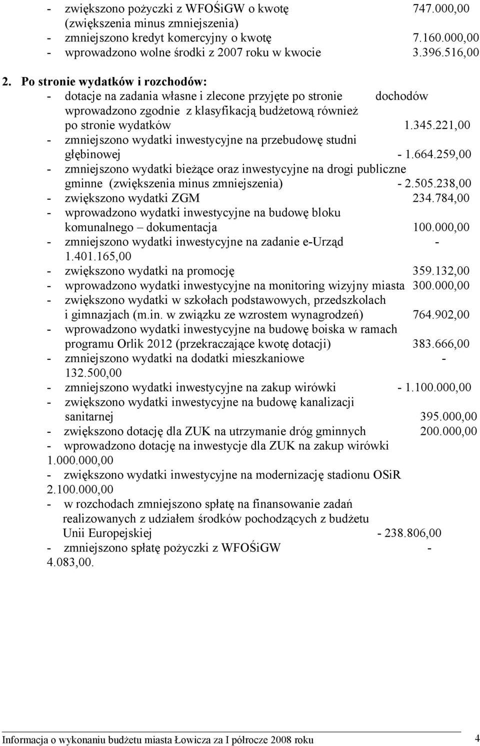 221,00 - zmniejszono wydatki inwestycyjne na przebudowę studni głębinowej - 1.664.259,00 - zmniejszono wydatki bieżące oraz inwestycyjne na drogi publiczne gminne (zwiększenia minus zmniejszenia) - 2.