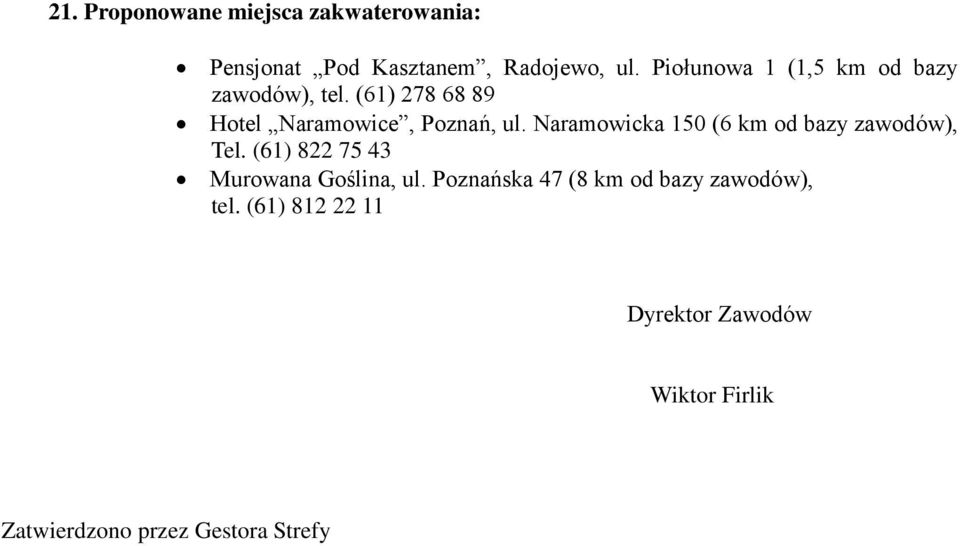 Naramowicka 150 (6 km od bazy zawodów), Tel. (61) 822 75 43 Murowana Goślina, ul.