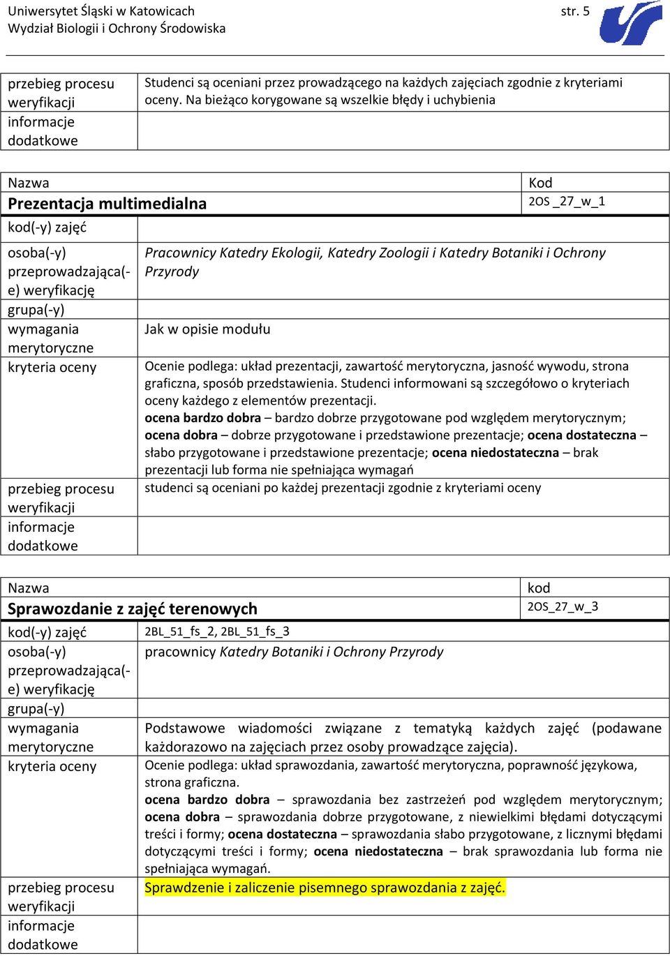 terenowych kod(-y) Ocenie podlega: układ prezentacji, zawartość merytoryczna, jasność wywodu, strona graficzna, sposób przedstawienia.