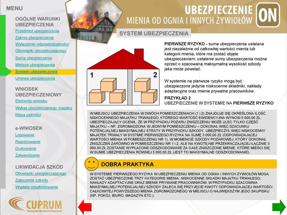 PRZYKŁAD 2 UBEZPIECZENIE W SYSTEMIE NA PIERWSZE RYZYKO W MIEJSCU W DWÓCH POMIESZCZENIACH (1 i 2) ZNAJDUJE SIĘ OKREŚLONA ILOŚĆ NISKOCENNEGO MAJĄTKU TRWAŁEGO, KTÓREGO WARTOŚĆ EWIDENCYJNA WYNOSI 5