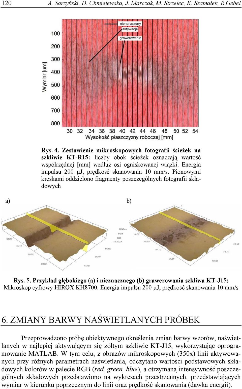 Energia impulsu 200 µj, prędkość skanowania 10 mm/s. Pionowymi kreskami oddzielono fragmenty poszczególnych fotografii składowych a) b) Rys. 5.