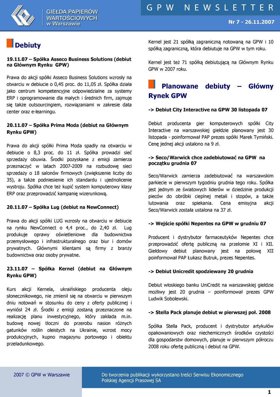 e-learningu. 20.11.07 Spółka Prima Moda (debiut na Głównym Rynku GPW) Prawa do akcji spółki Prima Moda spadły na otwarciu w debiucie o 8,3 proc. do 11 zł. Spółka prowadzi sieć sprzedaŝy obuwia.