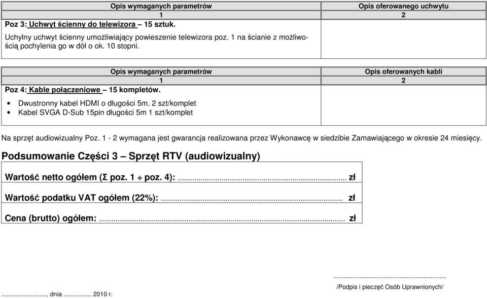 2 szt/komplet Kabel SVGA D-Sub 15pin długości 5m 1 szt/komplet Na sprzęt audiowizualny Poz.