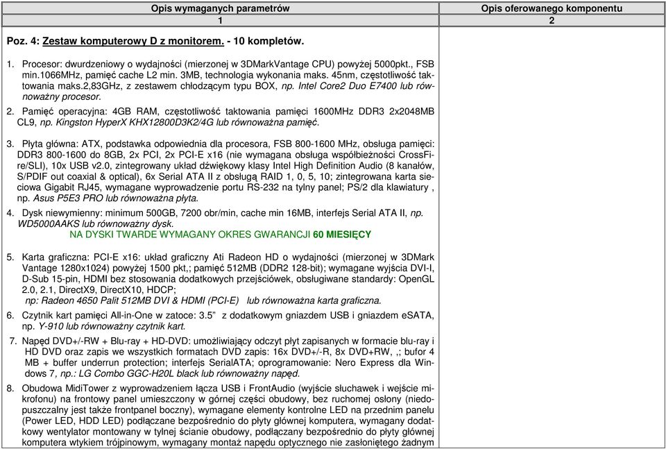 2. Pamięć operacyjna: 4GB RAM, częstotliwość taktowania pamięci 1600MHz DDR3 2x2048MB CL9, np. Kingston HyperX KHX12800D3K2/4G lub równowaŝna pamięć. 3.