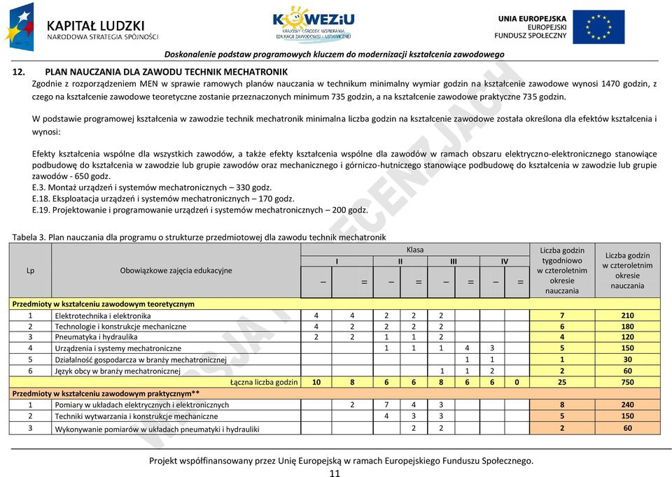 W podstawie programowej kształcenia w zawodzie technik mechatronik minimalna liczba godzin na kształcenie zawodowe została określona dla efektów kształcenia i wynosi: Efekty kształcenia wspólne dla