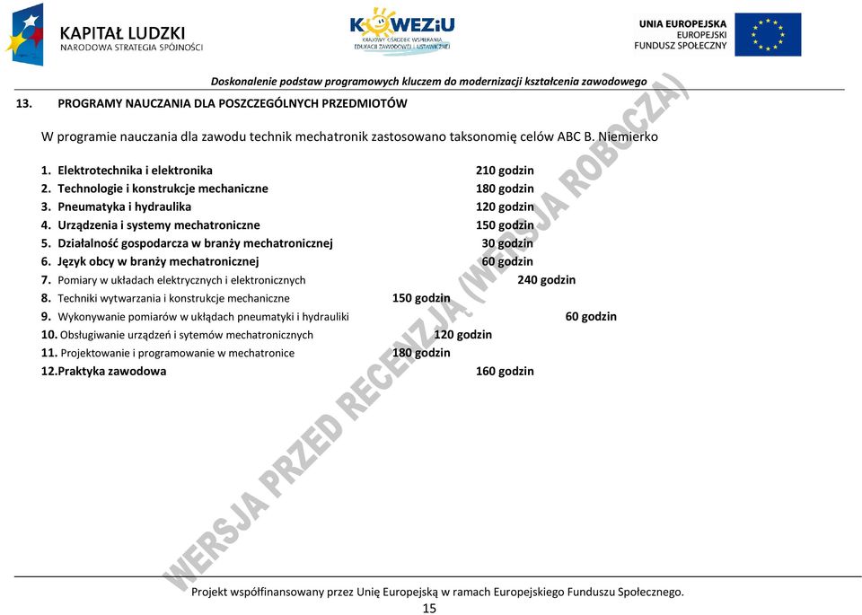 Język obcy w branży mechatronicznej 60 godzin 7. omiary w układach elektrycznych i elektronicznych 240 godzin 8. Techniki wytwarzania i konstrukcje mechaniczne 150 godzin 9.