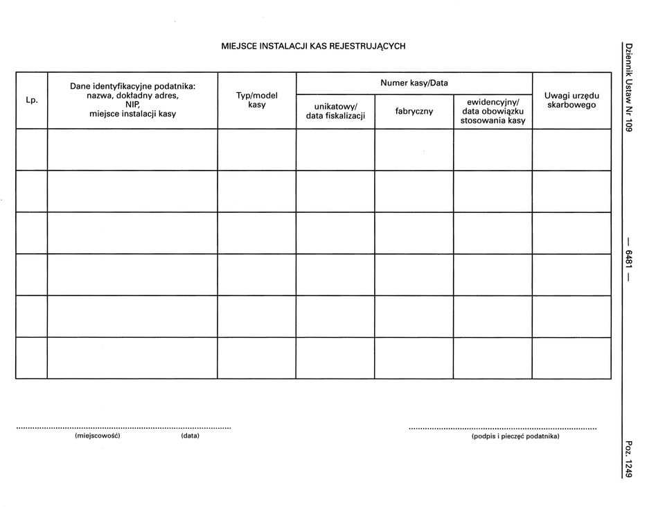 fiskalizacji ewidencyjny/ data bwiązku stswania kasy Uwagi urzędu skarbweg N CD' :J :J