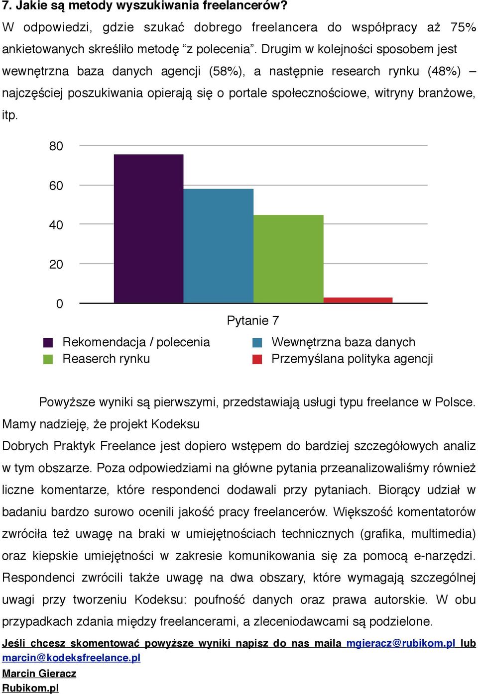 8 6 4 2 Rekomendacja / polecenia Reaserch rynku Pytanie 7 Wewnętrzna baza danych Przemyślana polityka agencji Powyższe wyniki są pierwszymi, przedstawiają usługi typu freelance w Polsce.