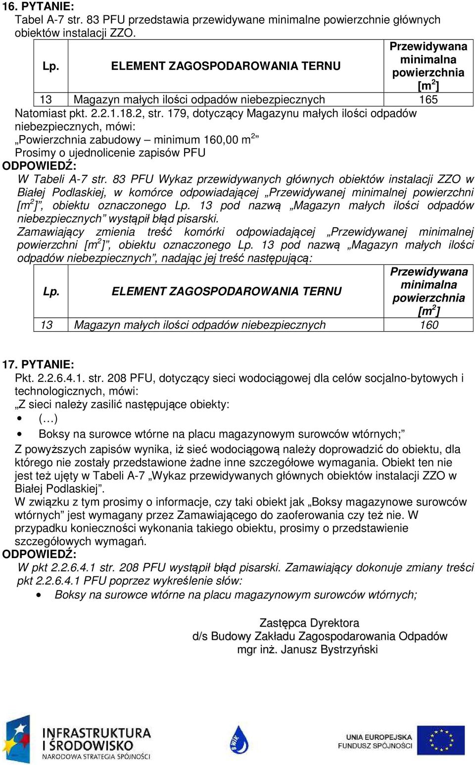 179, dotyczący Magazynu małych ilości odpadów niebezpiecznych, mówi: Powierzchnia zabudowy minimum 160,00 m 2 Prosimy o ujednolicenie zapisów PFU W Tabeli A-7 str.