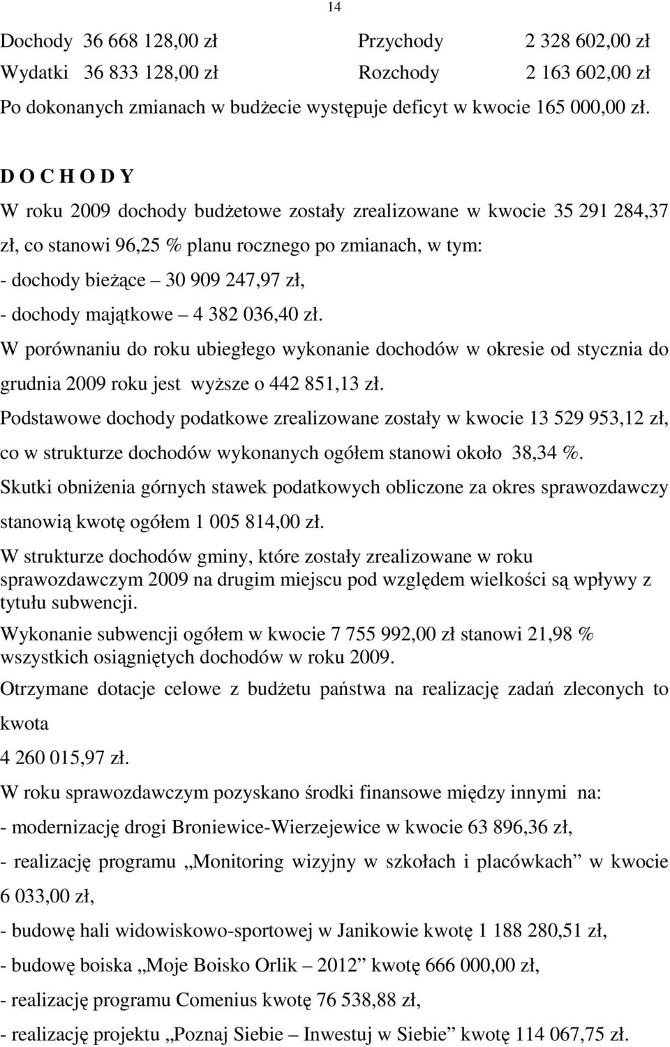 majątkowe 4 382 036,40 zł. W porównaniu do roku ubiegłego wykonanie dochodów w okresie od stycznia do grudnia 2009 roku jest wyŝsze o 442 851,13 zł.