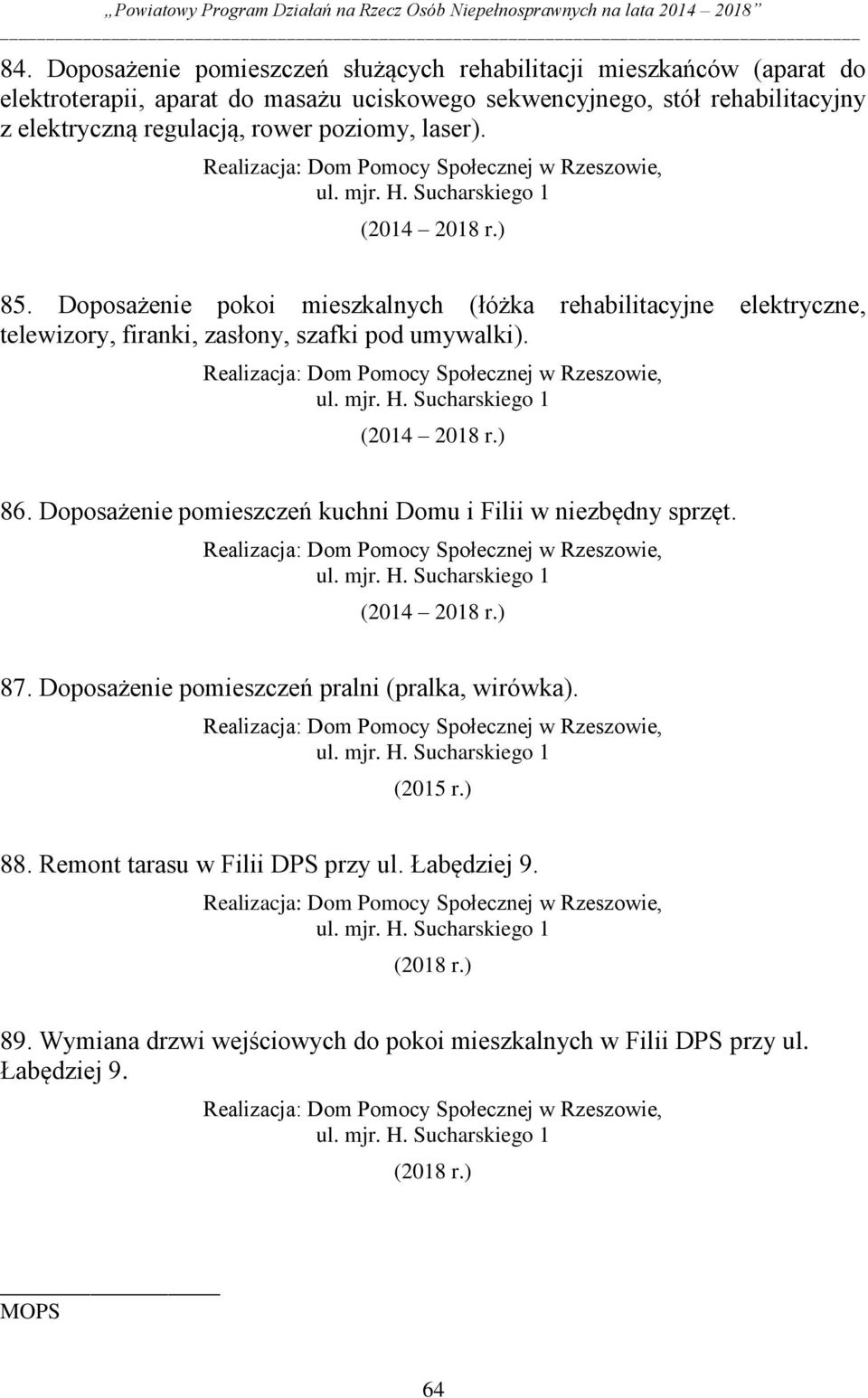 Doposażenie pomieszczeń kuchni Domu i Filii w niezbędny sprzęt. ul. mjr. H. Sucharskiego 1 87. Doposażenie pomieszczeń pralni (pralka, wirówka). ul. mjr. H. Sucharskiego 1 (2015 r.) 88.