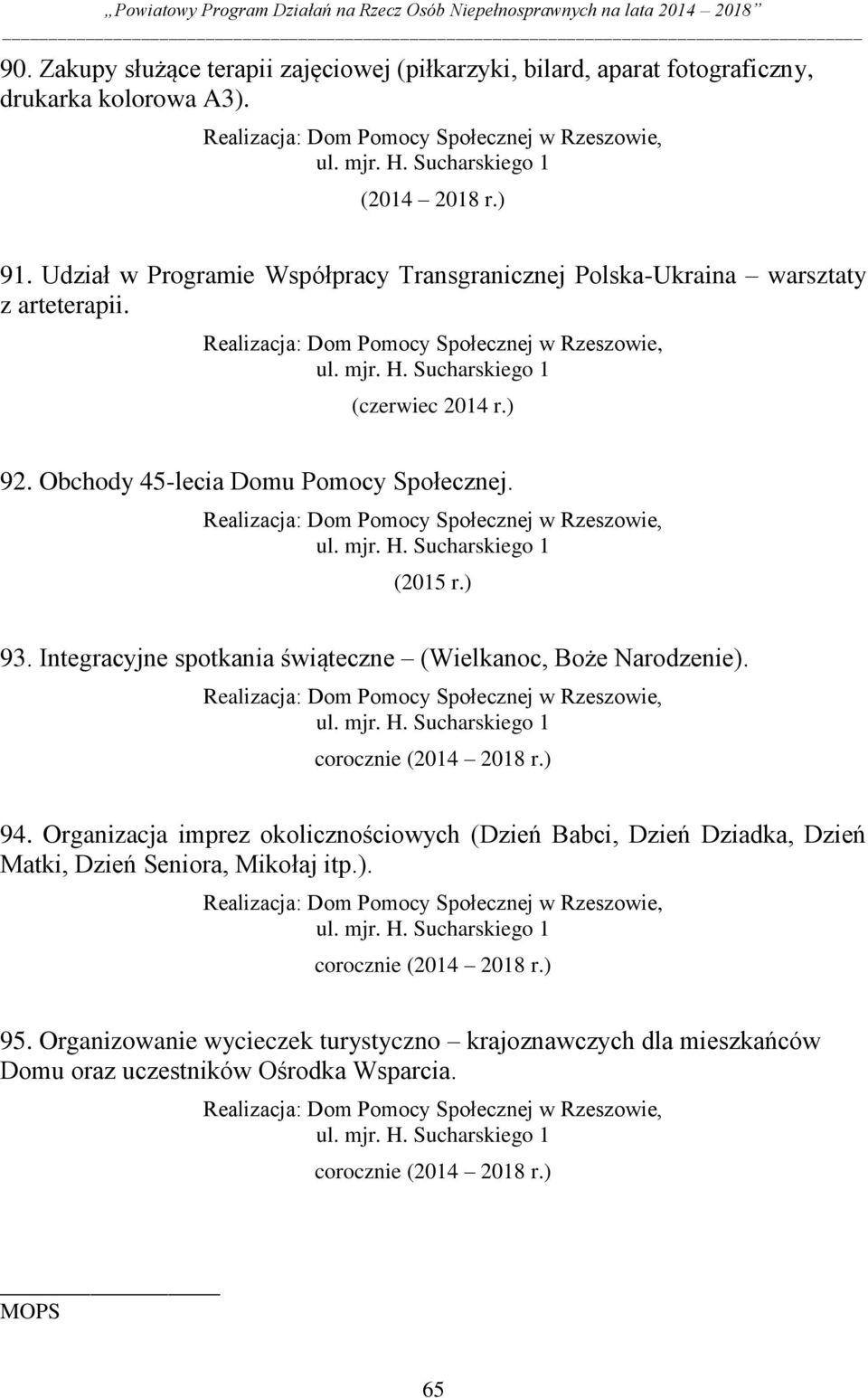 ) 93. Integracyjne spotkania świąteczne (Wielkanoc, Boże Narodzenie). ul. mjr. H. Sucharskiego 1 94.