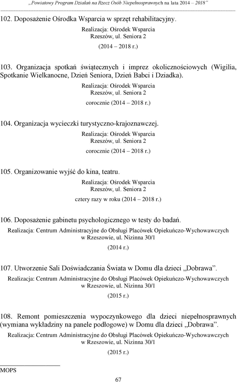 Organizacja wycieczki turystyczno-krajoznawczej. Realizacja: Ośrodek Wsparcia Rzeszów, ul. Seniora 2 105. Organizowanie wyjść do kina, teatru. Realizacja: Ośrodek Wsparcia Rzeszów, ul. Seniora 2 cztery razy w roku 106.