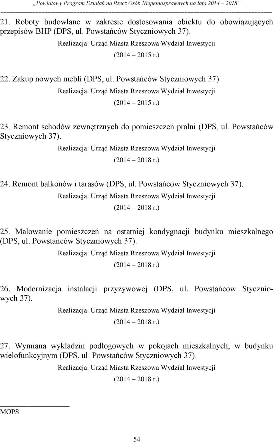 Powstańców Styczniowych 37). Realizacja: Urząd Miasta Rzeszowa Wydział Inwestycji 24. Remont balkonów i tarasów (DPS, ul. Powstańców Styczniowych 37).