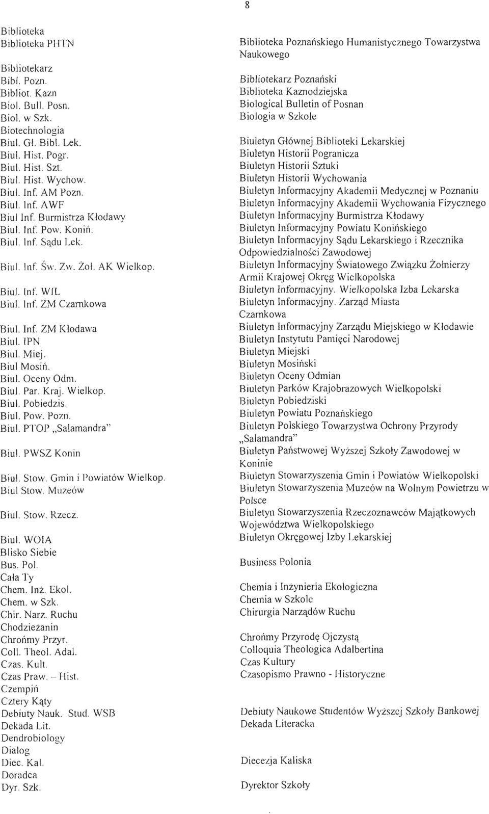 lPN Biul. Miej. Biul Mosiń. Biul. Oceny Odm. Biul Par. Kraj. Wielkop. Biul. Pobiedzis. Biul Pow. Pozn. Biul. PTOP "Salamandra" Biul. PWSZ Konin Biul. Stow. Gmin i Powiatów Wielkop. Biul Slow.
