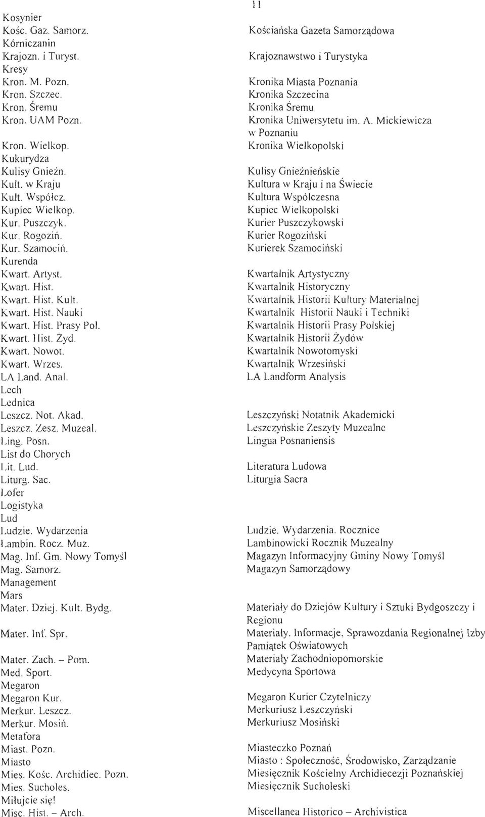 LA Land. Ana!. Lech Lednica Leszcz. Not. Akad. Leszcz. Zesz. Muzea!. Ling. Posn. List do Chorych Lit. Lud. Liturg. Sac. Lofer Logistyka Lud Ludzie. Wydarzenia Lambin. Rocz. Muz. Mag. Ini". Gm.