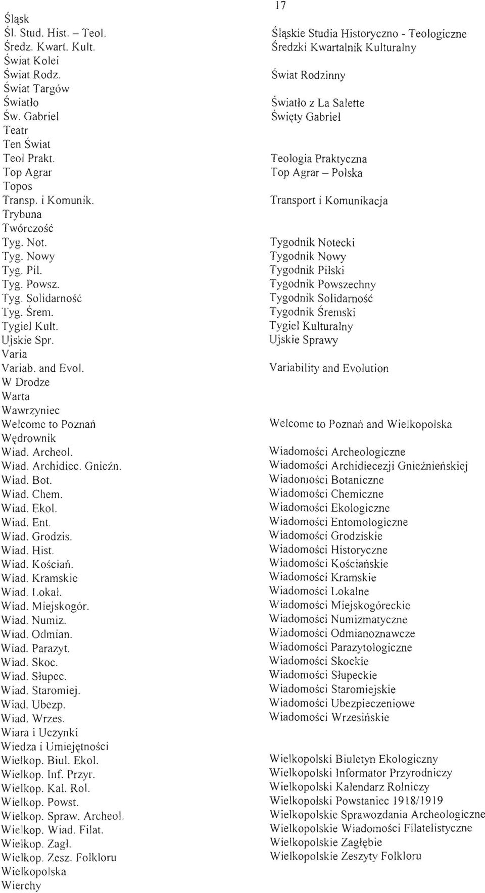 Gnieźn. Wiad. Bot. Wiad. Chem. Wiad. Ekol. Wiad. Ent. Wiad. Grodzis. Wiad. Hist. Wiad. KościaI1. Wiad. Kramskie Wiad. Lokal. Wiad. Miejskogór. Wiad. Numiz. Wiad. Odmian. Wiad. Parazyt. Wiad. Skoc.