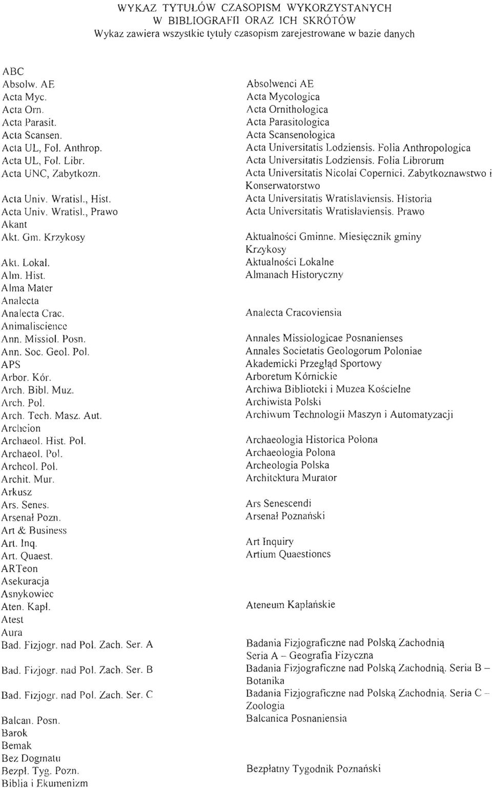 Animalisc ience Ann. Missiol. Posn. Ann. Soc. Geol. Pol. APS Arbor. Kór. Arch. Bibl. Muz. Arch. Pol. Arch. Tech. Masz. Aut. Archcion Archaeol. Hist. Pol. Archaeol. Pol. Archeol. Pol. Archit. Mur.