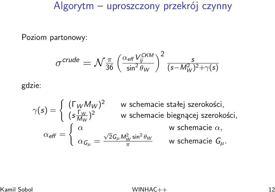 W ) 2 w schemacie stałej szerokości, γ(s) = (s Γ W MW ) 2 w schemacie biegnącej