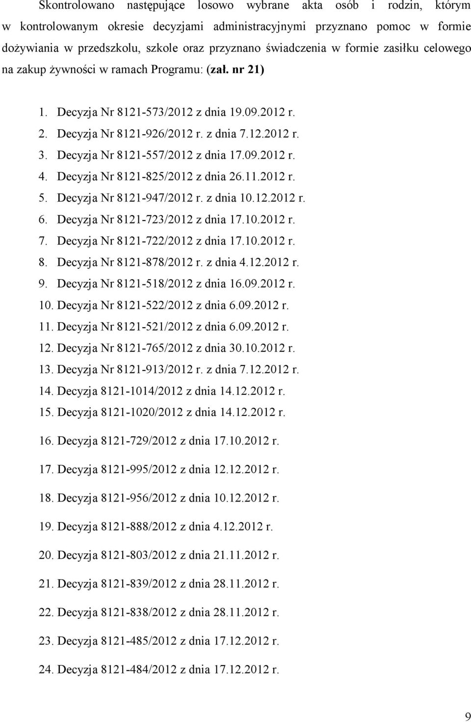 Decyzja Nr 8121-557/2012 z dnia 17.09.2012 r. 4. Decyzja Nr 8121-825/2012 z dnia 26.11.2012 r. 5. Decyzja Nr 8121-947/2012 r. z dnia 10.12.2012 r. 6. Decyzja Nr 8121-723/2012 z dnia 17.10.2012 r. 7.