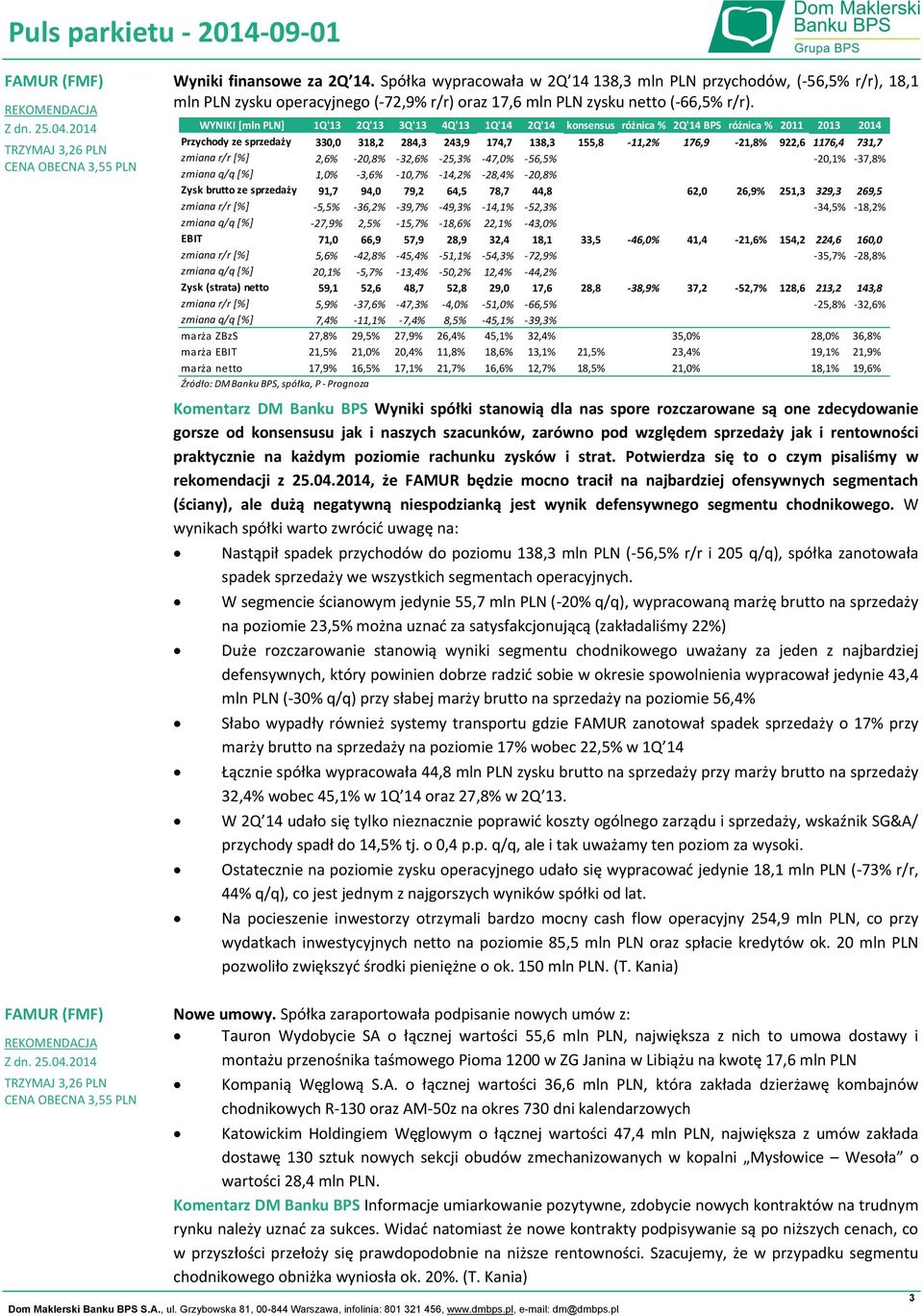 WYNIKI [mln PLN] 1Q'13 2Q'13 3Q'13 4Q'13 1Q'14 2Q'14 konsensus różnica % 2Q'14 BPS różnica % 2011 2013 2014 Przychody ze sprzedaży 330,0 318,2 284,3 243,9 174,7 138,3 155,8-11,2% 176,9-21,8% 922,6