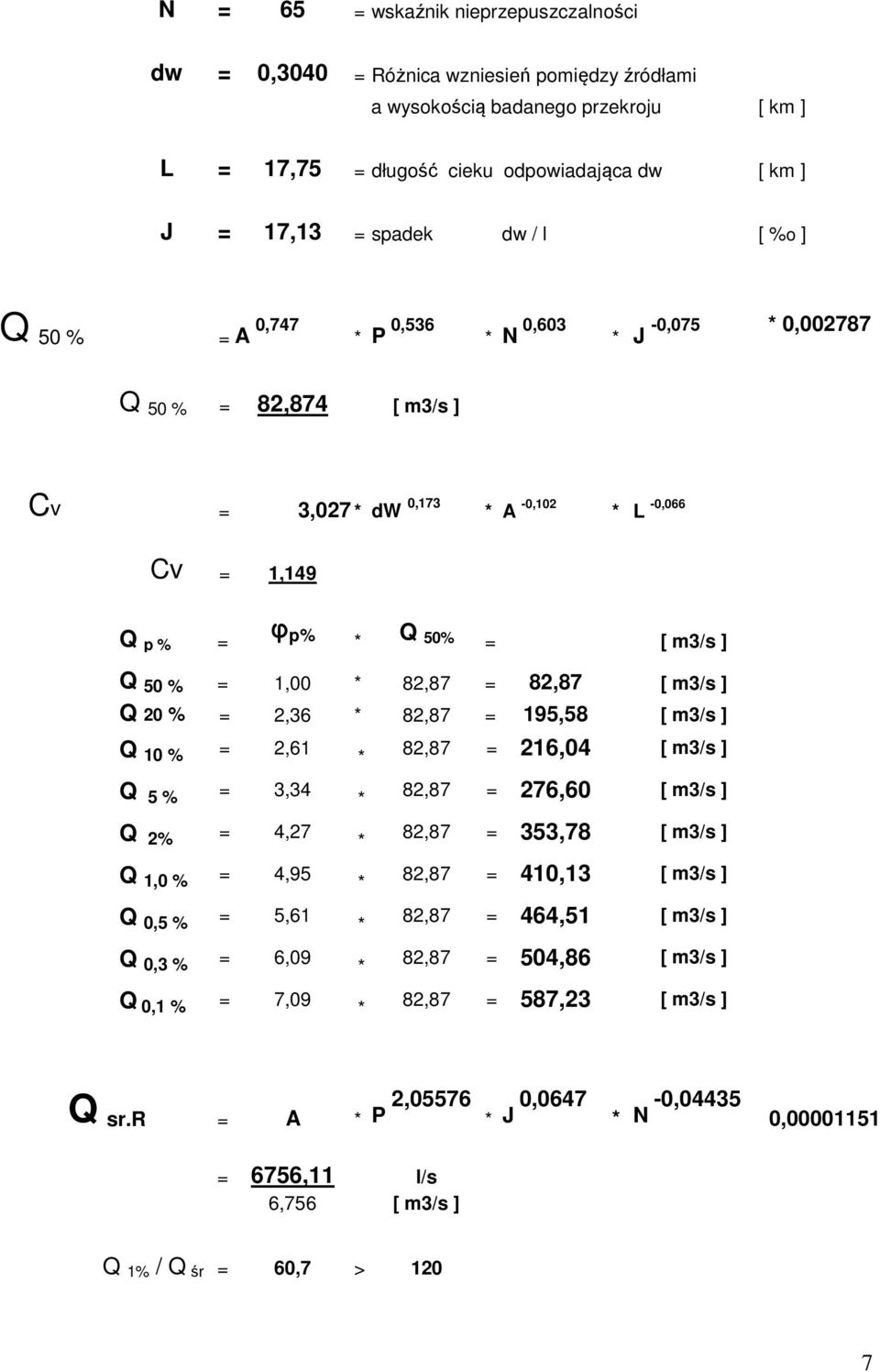 ] Q 20 % = 2,36 82,87 = 195,58 [ m3/s ] Q 10 % = 2,61 Q 5 % = 3,34 Q 2% = 4,27 Q 1,0 % = 4,95 Q 0,5 % = 5,61 Q 0,3 % = 6,09 Q 0,1 % = 7,09 82,87 = 216,04 [ m3/s ] 82,87 = 276,60 [ m3/s ] 82,87 =