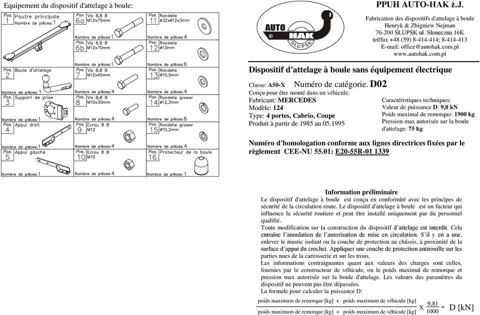 1995 Fabrication des dispositifs d'attelage à boule Henryk & Zbigniew Nejman 76-200 SŁUPSK ul. Słoneczna 16K tel/fax +48 (59) 8-414-414; 8-414-413 E-mail: office@autohak.com.