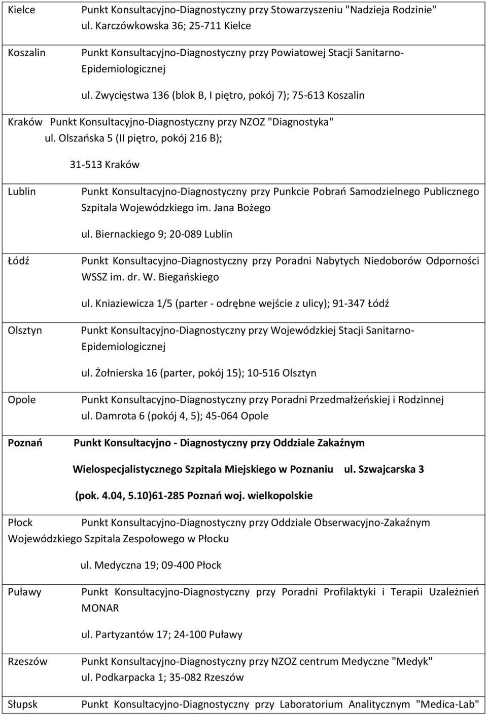 Olszańska 5 (II piętro, pokój 216 B); 31-513 Kraków Lublin Punkt Konsultacyjno-Diagnostyczny przy Punkcie Pobrań Samodzielnego Publicznego Szpitala Wojewódzkiego im. Jana Bożego ul.