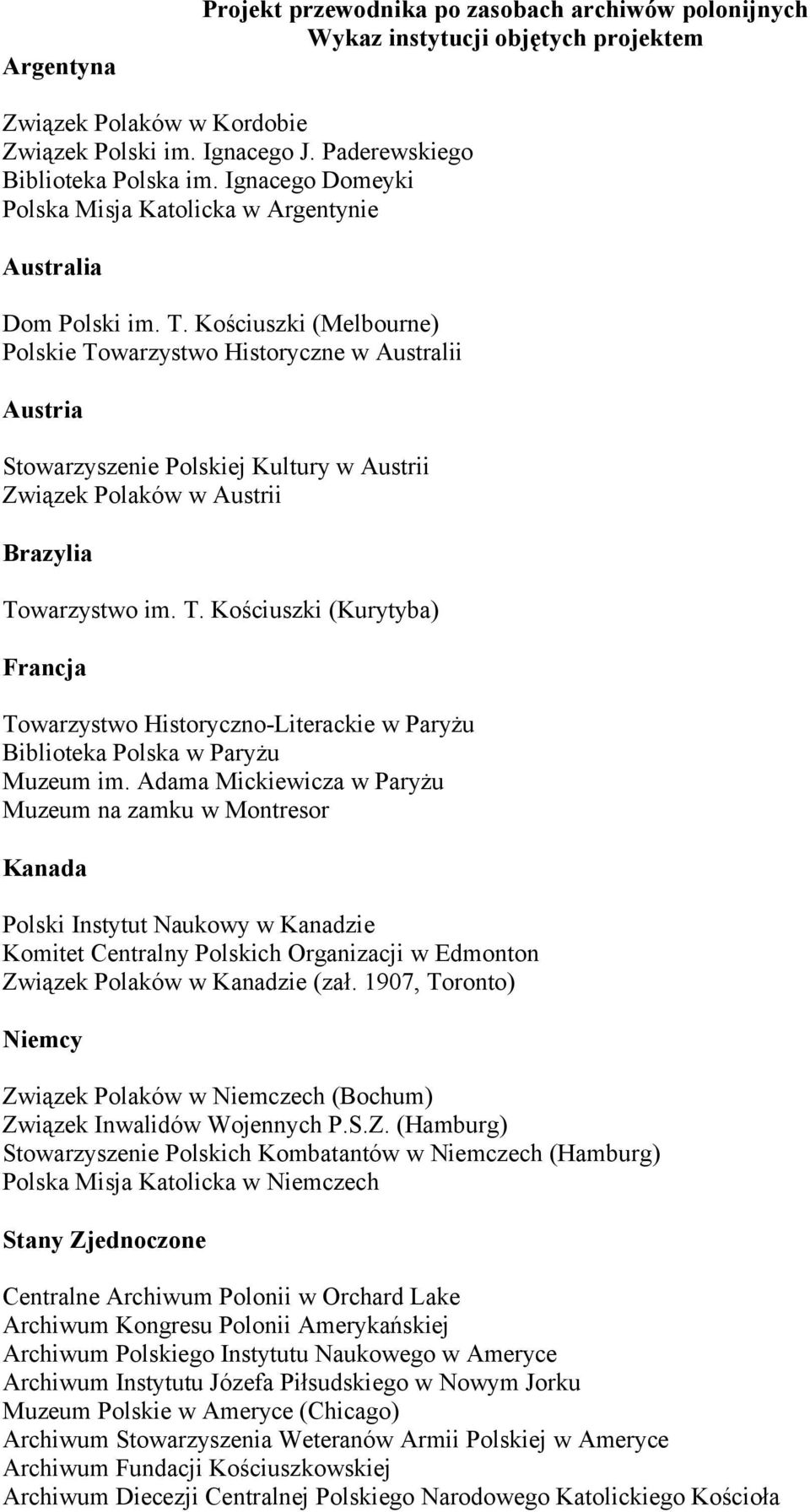 Kościuszki (Melbourne) Polskie Towarzystwo Historyczne w Australii Austria Stowarzyszenie Polskiej Kultury w Austrii Związek Polaków w Austrii Brazylia Towarzystwo im. T. Kościuszki (Kurytyba) Francja Towarzystwo Historyczno-Literackie w Paryżu Biblioteka Polska w Paryżu Muzeum im.