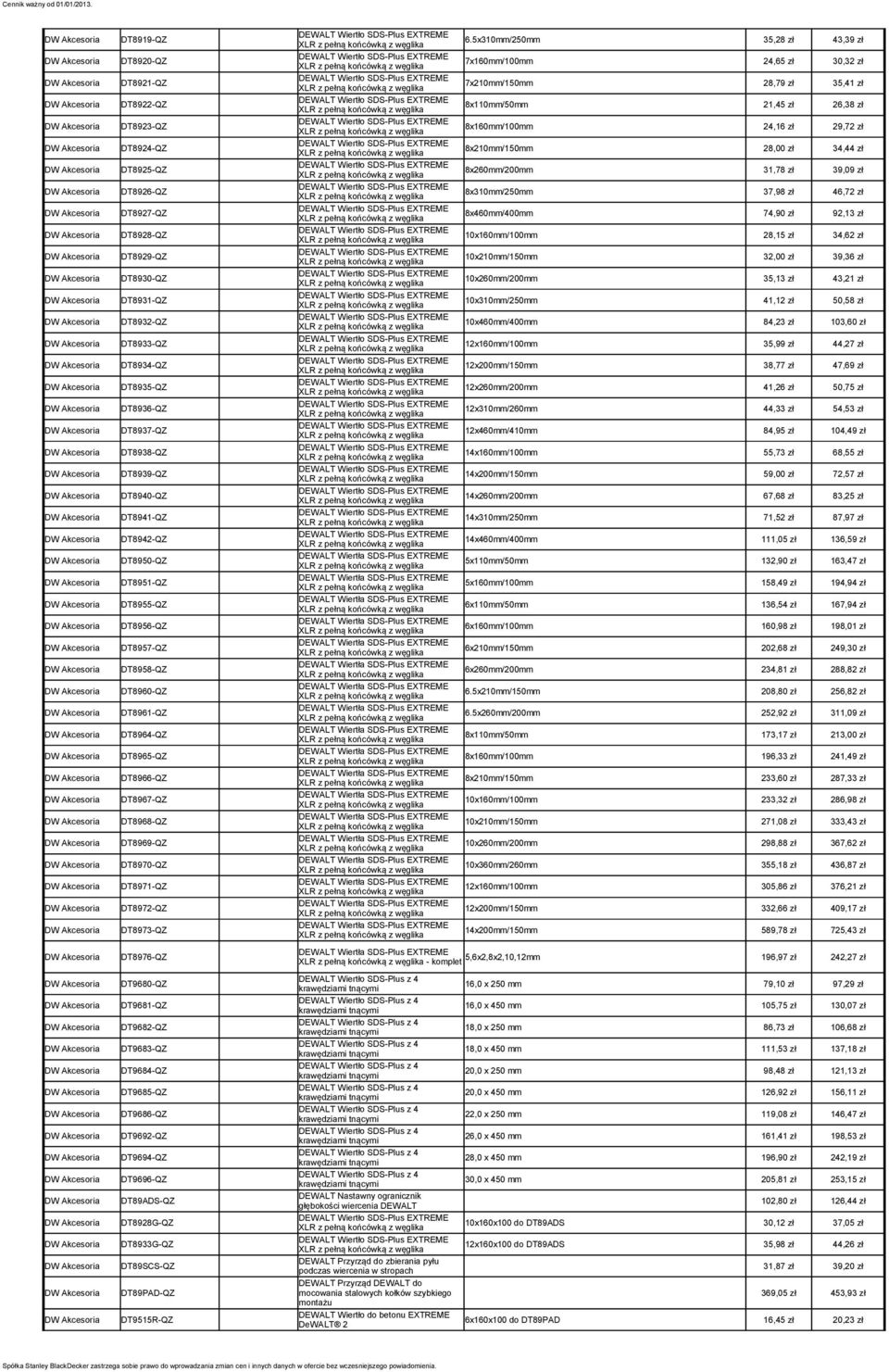 DT8923-QZ 8x160/100 24,16 zł 29,72 zł DW Akcesoria DT8924-QZ 8x210/150 28,00 zł 34,44 zł DW Akcesoria DT8925-QZ 8x260/200 31,78 zł 39,09 zł DW Akcesoria DT8926-QZ 8x310/250 37,98 zł 46,72 zł DW