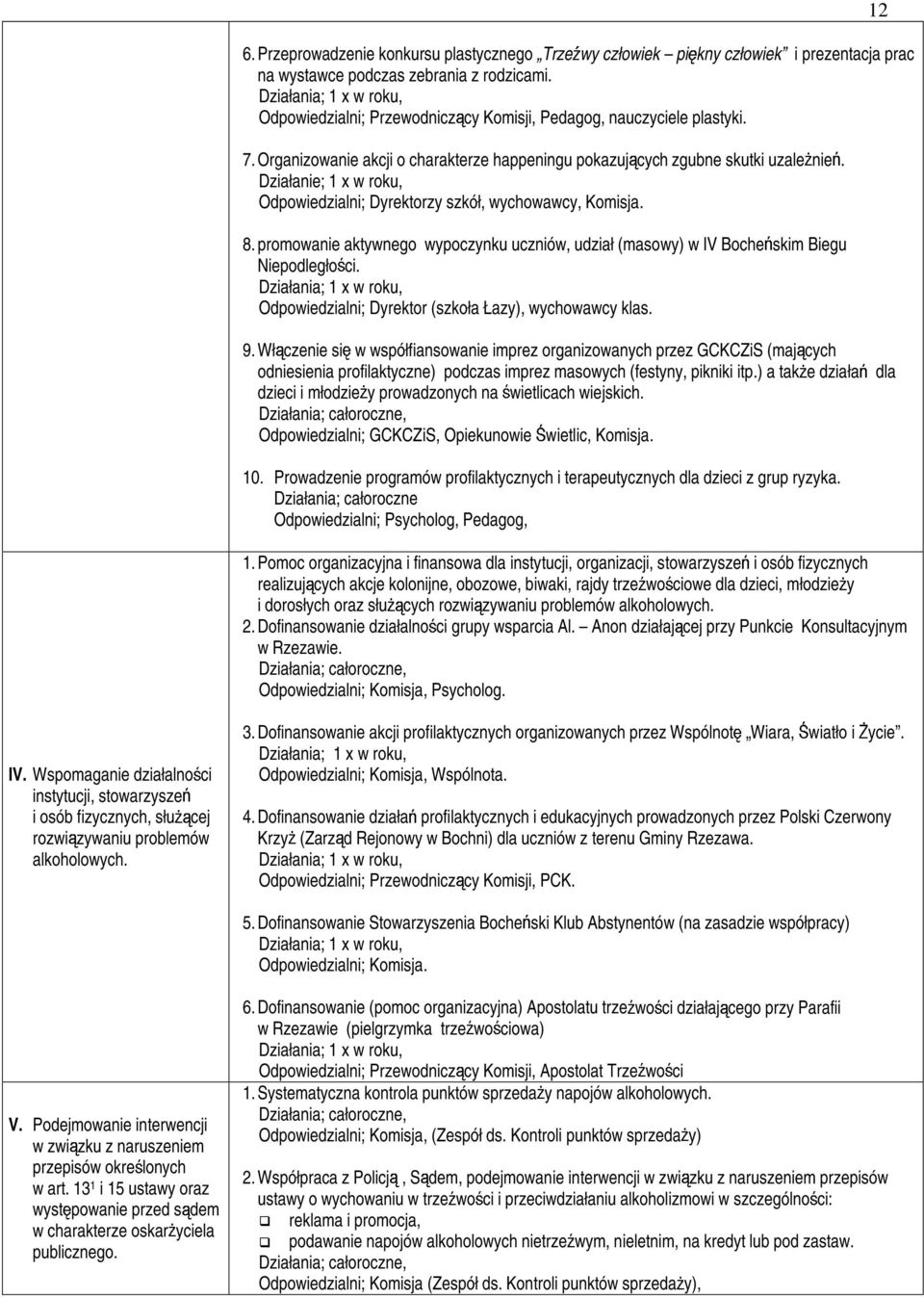 Działanie; 1 x w roku, Odpowiedzialni; Dyrektorzy szkół, wychowawcy, Komisja. 8. promowanie aktywnego wypoczynku uczniów, udział (masowy) w IV Boche7skim Biegu Niepodległo2ci.