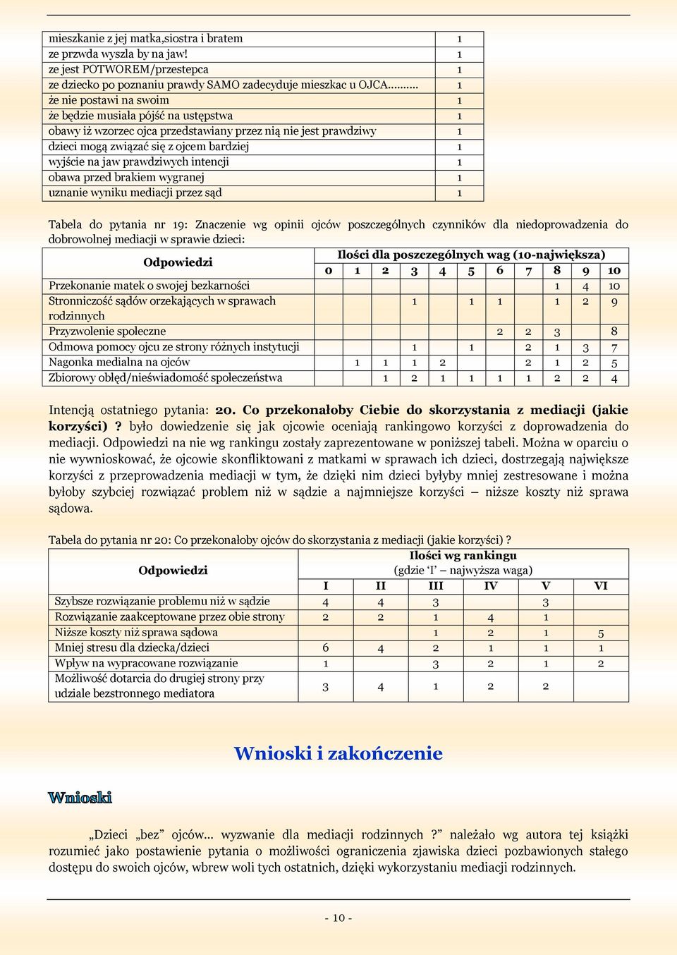 intencji obawa przed brakiem wygranej uznanie wyniku mediacji przez sąd Tabela do pytania nr 9: Znaczenie wg opinii ojców poszczególnych czynników dla niedoprowadzenia do dobrowolnej mediacji w