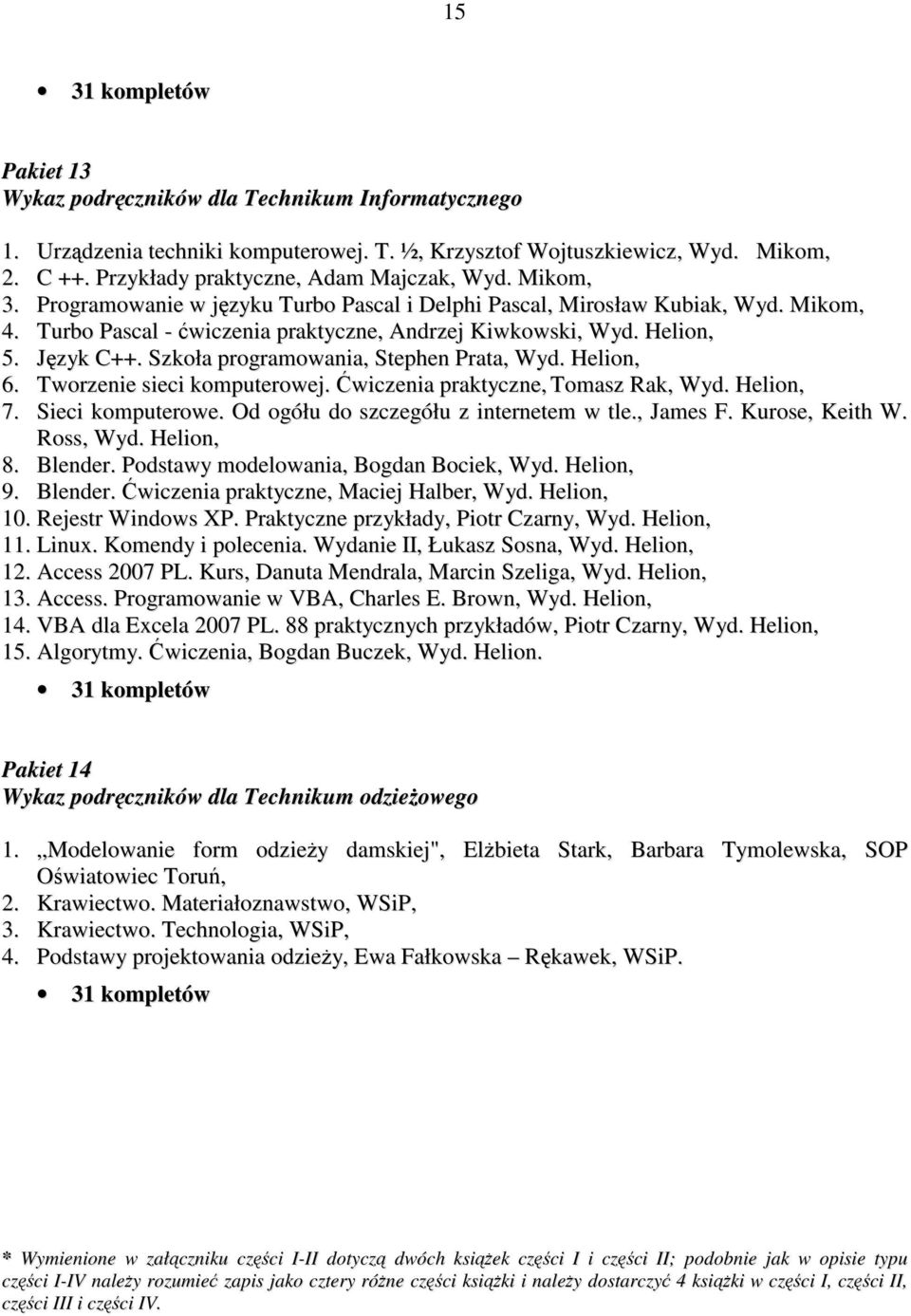 Helion, 5. Język C++. Szkoła programowania, Stephen Prata, Wyd. Helion, 6. Tworzenie sieci komputerowej. Ćwiczenia praktyczne, Tomasz Rak, Wyd. Helion, 7. Sieci komputerowe.