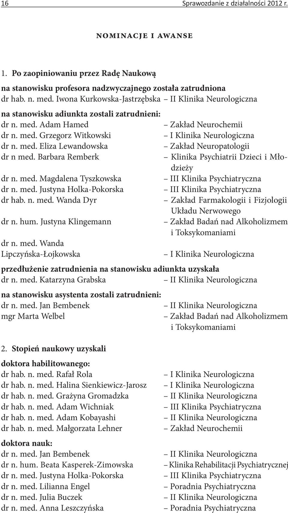 med. Eliza Lewandowska Zakład Neuropatologii dr n med. Barbara Remberk Klinika Psychiatrii Dzieci i Młodzieży dr n. med. Magdalena Tyszkowska III Klinika Psychiatryczna dr n. med. Justyna Holka Pokorska III Klinika Psychiatryczna dr hab.