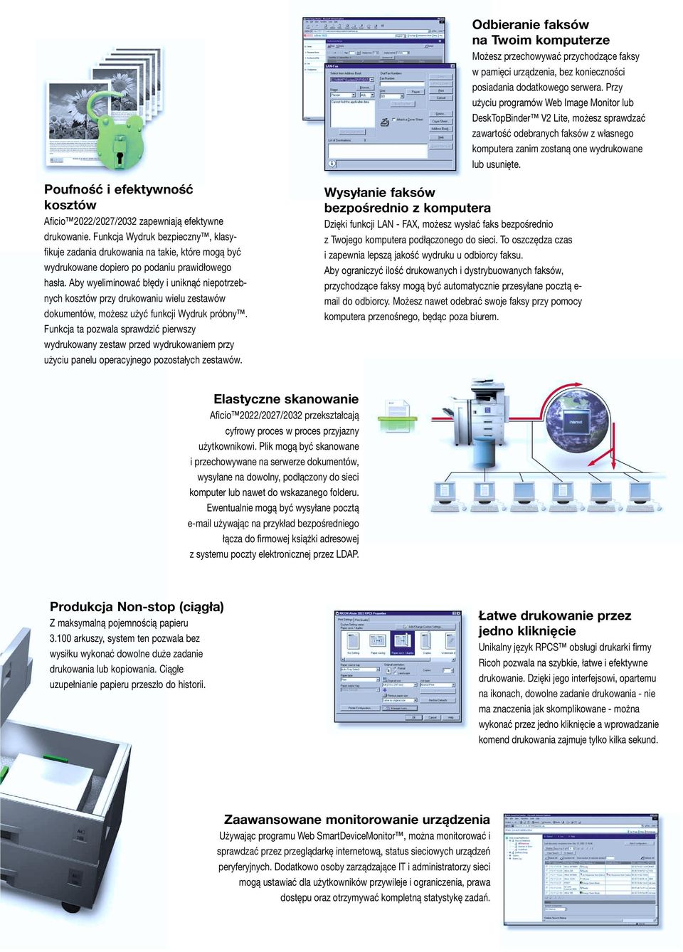 Poufność i efektywność kosztów Aficio 2022/2027/2032 zapewniają efektywne drukowanie.