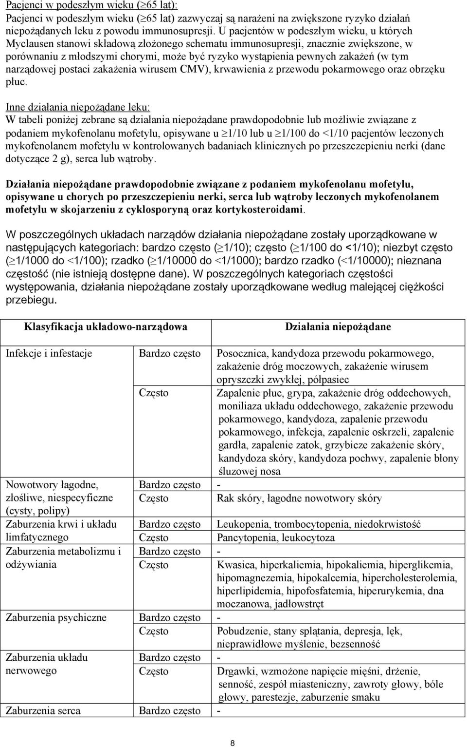 zakażeń (w tym narządowej postaci zakażenia wirusem CMV), krwawienia z przewodu pokarmowego oraz obrzęku płuc.