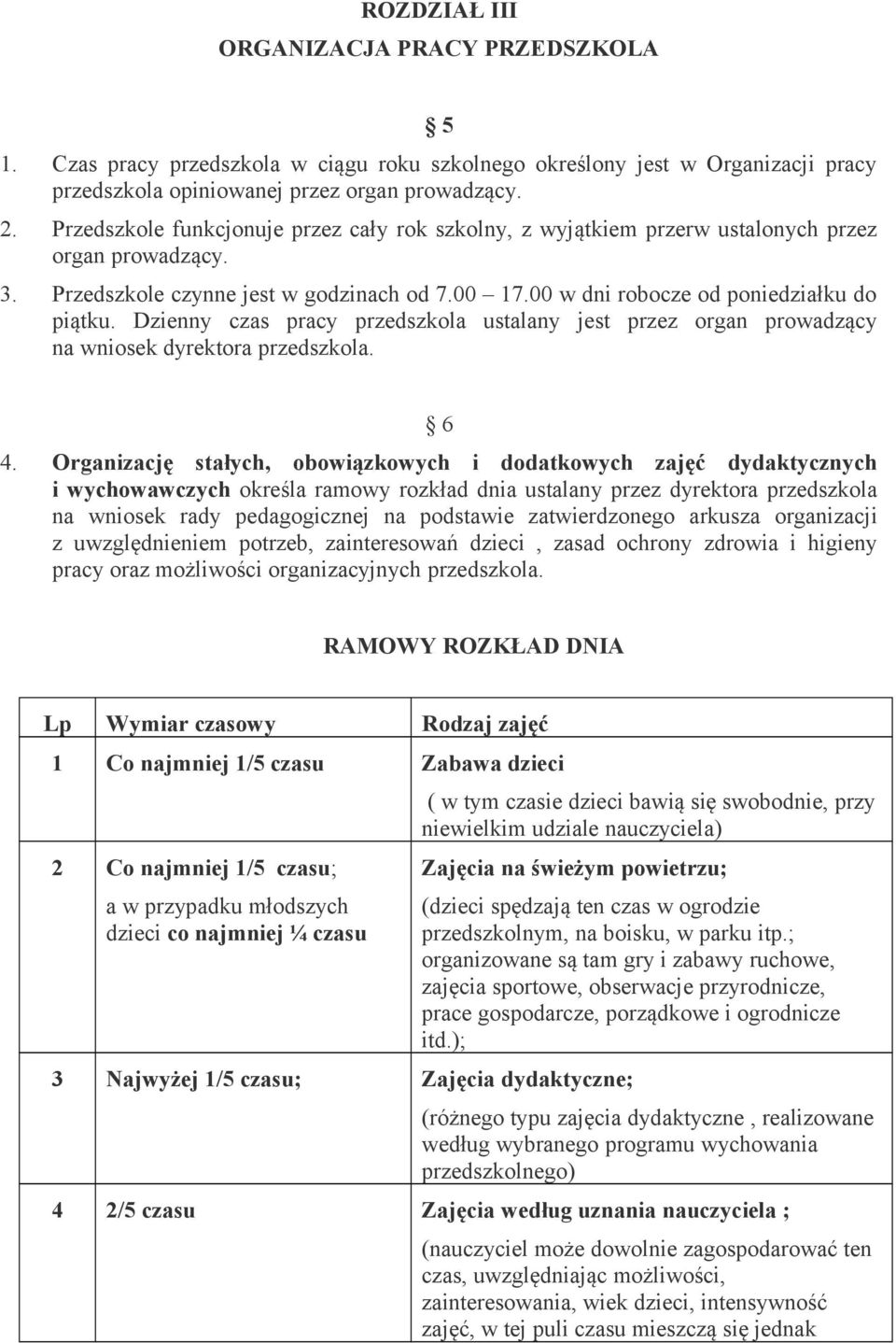 Dzienny czas pracy przedszkola ustalany jest przez organ prowadzący na wniosek dyrektora przedszkola. 6 4.