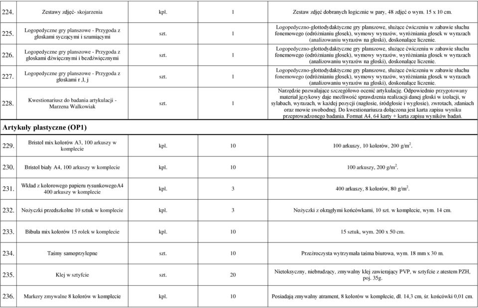 r,l, j Kwestionariusz do badania artykulacji - Marzena Walkowiak Artykuły plastyczne (OP1) Logopedyczno-glottodydaktyczne gry planszowe, służące ćwiczeniu w zabawie słuchu fonemowego (odróżnianiu