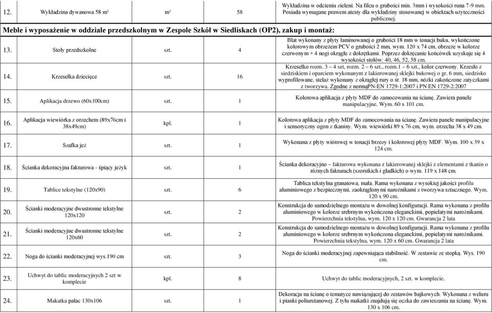 Blat wykonany z płyty laminowanej o grubości 18 mm w tonacji buku, wykończone kolorowym obrzeżem PCV o grubości 2 mm, wym. 120 x 74 cm, obrzeże w kolorze czerwonym + 4 nogi okrągłe z dokrętkami.