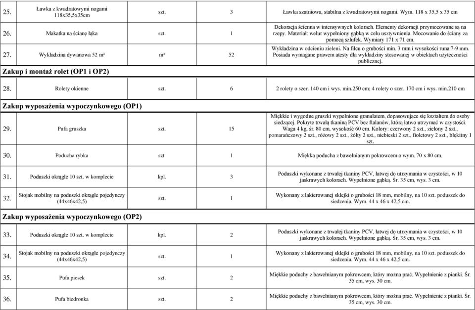 Materiał: welur wypełniony gąbką w celu usztywnienia. Mocowanie do ściany za pomocą szlufek. Wymiary 171 x 71 cm. Wykładzina w odcieniu zieleni. Na filcu o grubości min. 3 mm i wysokości runa 7-9 mm.